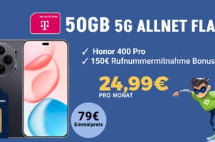 Honor 400 Pro 512GB für einmalig 79 Euro mit 50GB Allnet Flat und 150 Euro Wechselbonus nur 24.99 Euro monatlich
