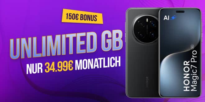 HONOR Magic7 Pro für einmalig 49.95 Euro mit o2 Mobile Unlimited Max und 150 Euro Bonus nur 34.99 Euro monatlich