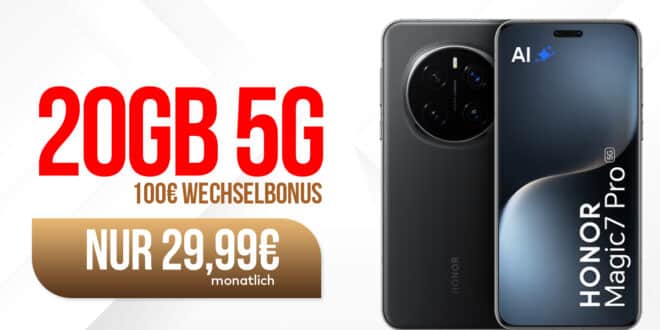 Honor Magic7 Pro 512GB für einmalig 49.95 Euro mit 20GB Allnet Flat und 100 Euro Wechselbonus nur 39.99 Euro monatlich