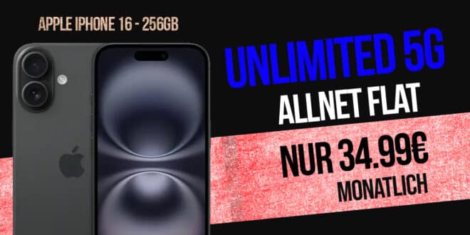 iPhone 16 256GB für einmalig 99 Euro mit o2 Mobile Unlimited Max und 150 Euro Bonus nur 34.99 Euro monatlich