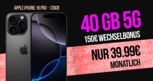 iPhone 16 Pro für einmalig 249 Euro mit 40GB Allnet Flat und 150 Euro Wechselbonus nur 39.99 Euro monatlich