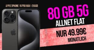 iPhone 16 Pro Max für einmalig 259 Euro mit 80GB Allnet Flat und 150 Euro Wechselbonus nur 49.99 Euro monatlich