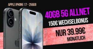 iPhone 17 für einmalig 289 Euro mit 40GB Allnet Flat und 150 Euro Wechselbonus nur 39.99 Euro monatlich