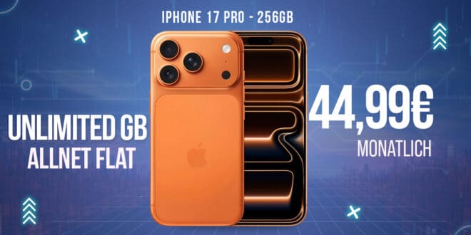 iPhone 17 Pro für einmalig 439.99 Euro mit o2 unlimited Allnet Flat und 150 Euro Bonus nur 44.99 Euro monatlich