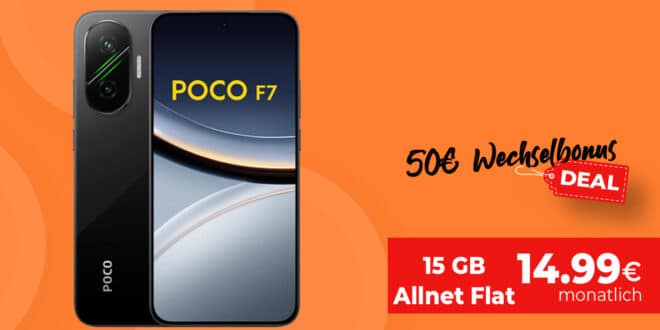 Poco F7 256GB für einmalig 99 Euro mit 15GB Allnet Flat und 50 Euro Wechselbonus nur 14.99 Euro monatlich