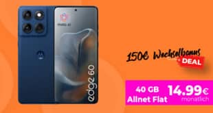 Motorola Edge 60 256GB für einmalig 39 Euro mit 40GB Allnet Flat und 150 Euro Wechselbonus nur 14.99 Euro monatlich