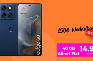 Motorola Edge 60 256GB für einmalig 39 Euro mit 40GB Allnet Flat und 150 Euro Wechselbonus nur 14.99 Euro monatlich