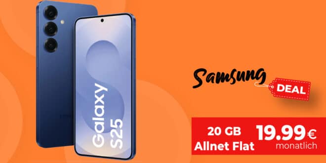 Samsung Galaxy S25 für einmalig 49 Euro (bei Einsendung Altgerät) mit 20GB Allnet Flat nur 19.99 Euro monatlich