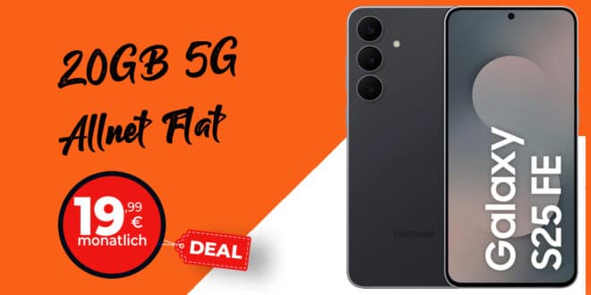 Samsung Galaxy S25 FE für einmalig 54 Euro (bei Einsendung des Altgeräts) mit 20GB Allnet Flat und 50 Euro Wechselbonus nur 19.99 Euro monatlich