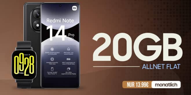 Xiaomi Redmi Note 14 Pro 5G & Redmi Watch 5 Active mit 20GB Allnet Flat nur 13.99 Euro monatlich