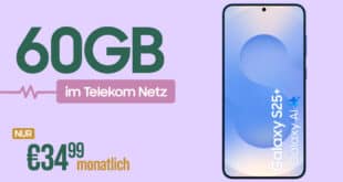 Samsung Galaxy S25+ (S25Plus) für einmalig 79 Euro mit 60GB Allnet Flat und 150€ Wechselbonus nur 34.99 Euro monatlich