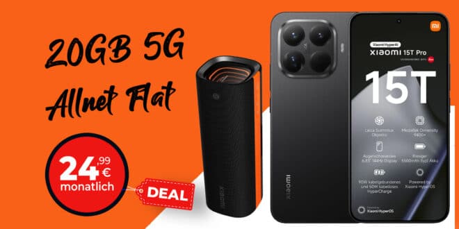 Xiaomi 15T Pro 512GB & Xiaomi Sound Party Lautsprecher für einmalig 29 Euro mit 20GB Allnet Telekom oder 30GB Allnet Vodafone nur 24.99 Euro monatlich