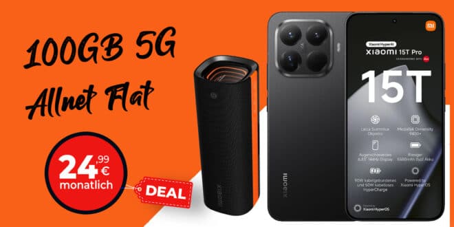 Xiaomi 15T Pro 512GB & Xiaomi Sound Party für einmalig 59 Euro mit 100GB Allnet Flat und 150 Euro Bonus nur 24.99 Euro monatlich