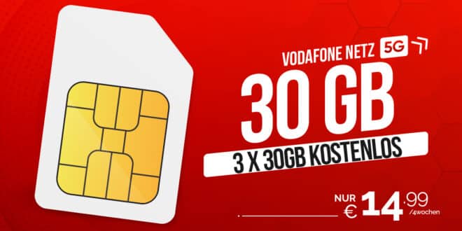 Vodafone Prepaid - 30GB nur 14.99 Euro alle 4 Wochen – 45€ Bonusguthaben – somit 3x 30GB kostenlos – ohne Vertragsbindung
