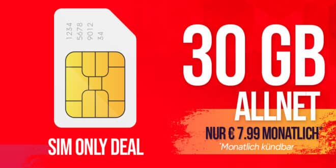 monatlich kündbar im Vodafone Netz: Allnet Flat Internet 30GB nur 7.99 Euro monatlich
