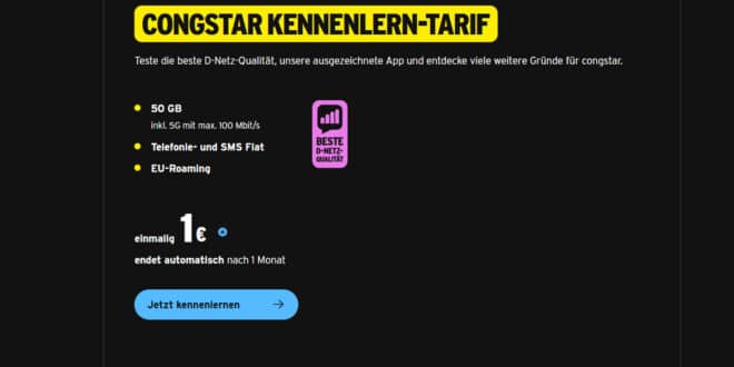 congstar Kennenlernkarte: 50 GB Datenvolumen im Telekom-Netz für nur 1 €