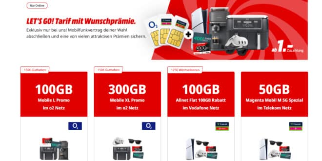 MediaMarkt o2 SIM-Only Aktion: 100 GB Allnet-Flat mit bis zu 300 € Prämie!