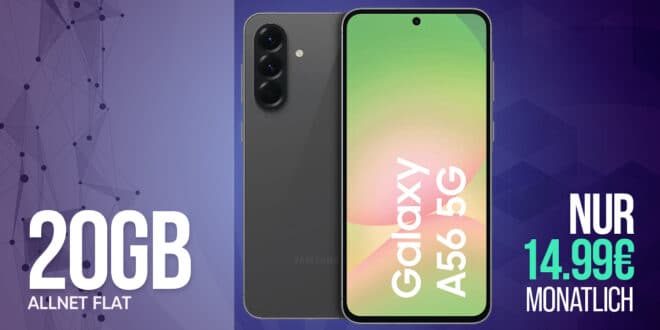 Samsung Galaxy A56 für einmalig 79 Euro mit 20GB Allnet Flat und 50 Euro Wechselbonus nur 14.99 Euro monatlich