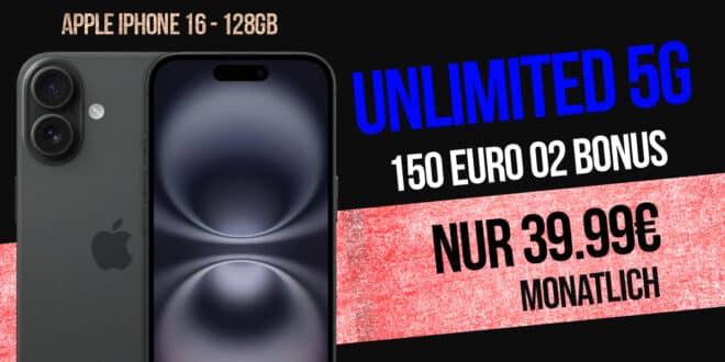 iPhone 16 für einmalig 99 Euro mit unlimited Allnet Flat und 150 Euro Bonus nur 39.99 Euro monatlich