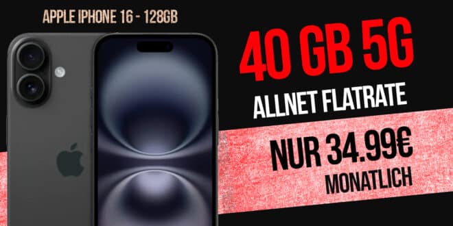iPhone 16 für einmalig 69 Euro mit 40GB Allnet Flat nur 34.99 Euro monatlich