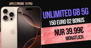 iPhone 16 Pro für einmalig 262 Euro mit unlimited Allnet Flat und 150 Euro Bonus nur 39.99 Euro monatlich - onTop 80 Euro online Bonus