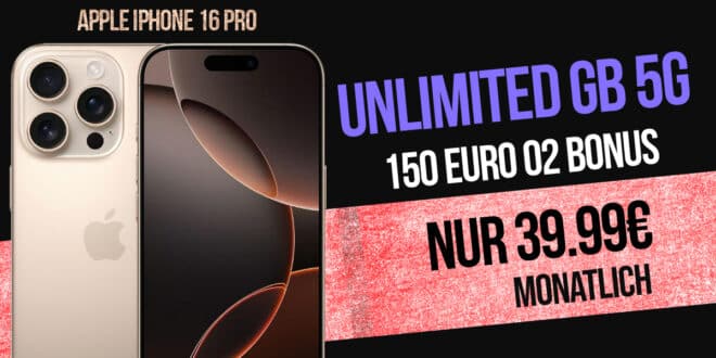 iPhone 16 Pro für einmalig 262 Euro mit unlimited Allnet Flat und 150 Euro Bonus nur 39.99 Euro monatlich - onTop 80 Euro online Bonus