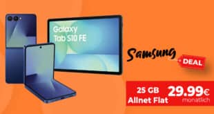 Samsung Galaxy Z Flip7 & Tab S10 FE für einmalig 109 Euro mit 25GB Allnet Flat und 100 Euro Wechselbonus nur 29.99 Euro monatlich