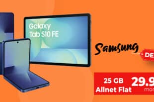 Samsung Galaxy Z Flip7 & Tab S10 FE für einmalig 109 Euro mit 25GB Allnet Flat und 100 Euro Wechselbonus nur 29.99 Euro monatlich