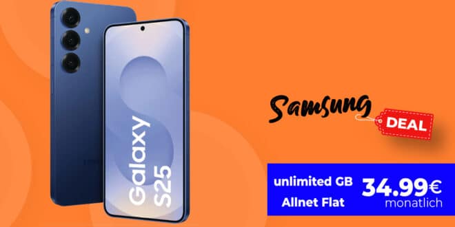 Samsung Galaxy S25 für einmalig 69 Euro mit unlimited Allnet Flat und 150 Euro Bonus nur 34.99 Euro monatlich
