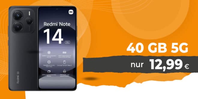 Xiaomi Redmi Note 14 5G für einmalig 39 Euro mit 40GB Allnet Flat und 50 Euro Wechselbonus nur 12.99 Euro monatlich