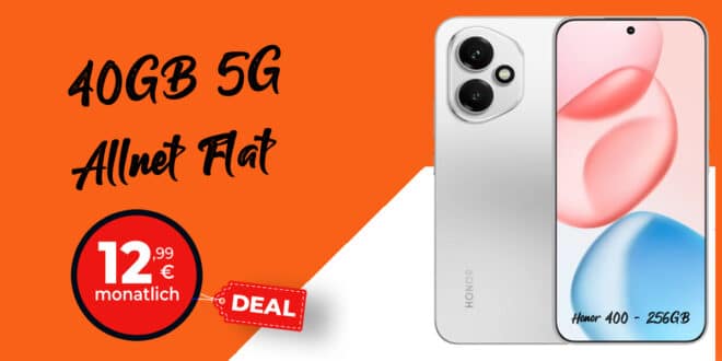 Honor 400 256GB für einmalig 29 Euro mit 40GB Allnet Flat & 50 Euro Wechselbonus nur 12.99 Euro monatlich