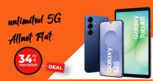 Samsung Galaxy S25 & Galaxy Tab A11 für einmalig 69 Euro mit unlimited Allnet Flat und 150 Euro Bonus nur 34.99 Euro monatlich