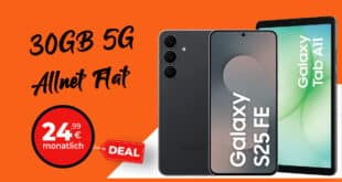 Samsung Galaxy S25 FE & Galaxy Tab A11 für einmalig 29 Euro mit 30GB Allnet Flat und 50 Euro Wechselbonus nur 24.99 Euro monatlich