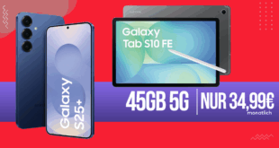 Samsung Galaxy S25+ 512GB (S25Plus) & Tab S10 FE für einmalig 149 Euro mit 45GB Allnet Flat und 100 Euro Wechselbonus nur 34.99 Euro monatlich