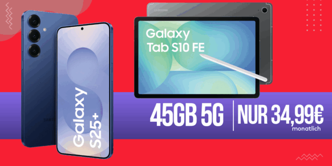 Samsung Galaxy S25+ 512GB (S25Plus) & Tab S10 FE für einmalig 149 Euro mit 45GB Allnet Flat und 100 Euro Wechselbonus nur 34.99 Euro monatlich
