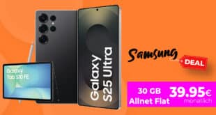 Samsung Galaxy S25 Ultra 256GB & Tab S10 FE für einmalig 159 Euro mit 30GB Allnet Flat und 120 Euro Cashback nur 39.95 Euro monatlich – MagentaEINS möglich