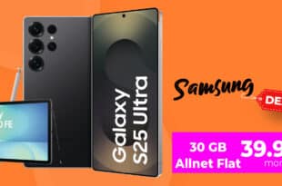 Samsung Galaxy S25 Ultra 256GB & Tab S10 FE für einmalig 159 Euro mit 30GB Allnet Flat und 120 Euro Cashback nur 39.95 Euro monatlich – MagentaEINS möglich
