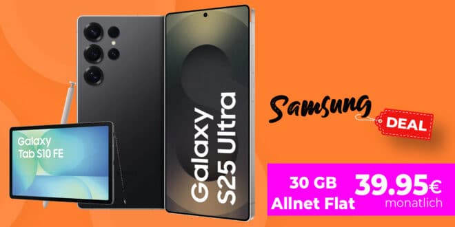 Samsung Galaxy S25 Ultra 256GB & Tab S10 FE für einmalig 159 Euro mit 30GB Allnet Flat und 120 Euro Cashback nur 39.95 Euro monatlich – MagentaEINS möglich