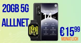 Xiaomi Redmi Note 14 Pro 5G & Redmi Watch 5 Active mit 20GB Allnet Flat nur 15.99 Euro monatlich – 30GB nur 16.99€