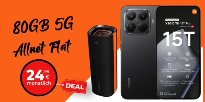 Xiaomi 15T Pro 512GB & Xiaomi Sound Party mit 80GB Allnet Flat nur 24.99 Euro monatlich
