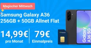 Samsung Galaxy A36 256GB für einmalig 79 Euro mit 50GB Allnet Flat und 150 Euro Wechselbonus nur 14.99 Euro monatlich