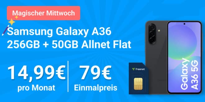 Samsung Galaxy A36 256GB für einmalig 79 Euro mit 50GB Allnet Flat und 150 Euro Wechselbonus nur 14.99 Euro monatlich