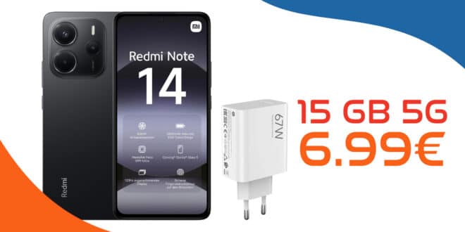 Xiaomi Redmi Note 14 & Xiaomi 67W HyperCharge für einmalig 29.99 Euro mit 15GB Allnet Flat nur 6.99 Euro monatlich