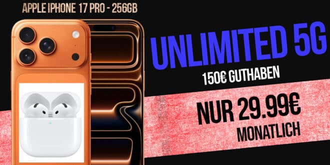 iPhone 17 Pro & Airpods 4 für einmalig 499 Euro mit o2 unlimited on demand und 150€ Guthaben nur 29.99 Euro monatlich