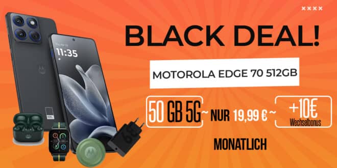 Motorola Edge 70 512GB & Zubehörpaket für einmalig 99 Euro mit 50GB Allnet Flat nur 19.99 Euro monatlich