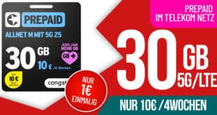 Prepaid im Telekom Netz - 30GB Allnet Flat nur 10 Euro alle 4 Wochen - Starterpaket nur 1 €