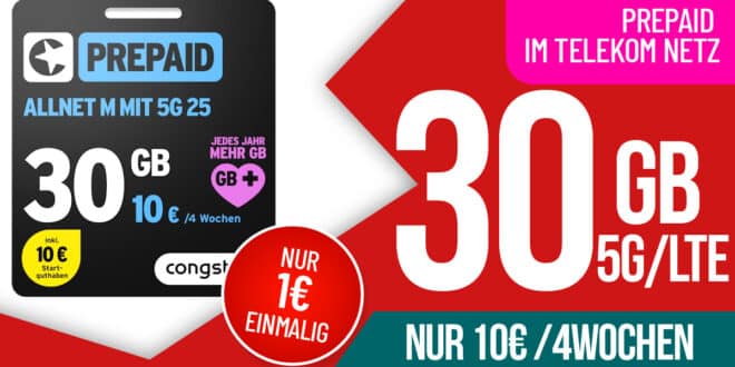 Prepaid im Telekom Netz - 30GB Allnet Flat nur 10 Euro alle 4 Wochen - Starterpaket nur 1 €