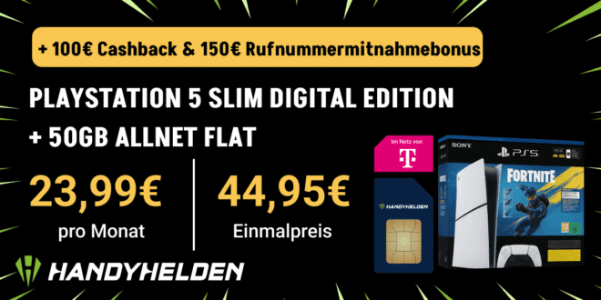 PS5 PlayStation 5 Slim – Fortnite Flowering Chaos Bundle mit Telekom 50GB Allnet Flat und 150 Euro Wechselbonus und 100 Euro Cashback nur 23.99 Euro monatlich