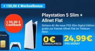 50GB Allnet Flat mit Sony Playstation 5 Slim PS5 Digital Edition und 150 Euro Wechselbonus und 50 Euro Cashback nur 24.99 Euro monatlich
