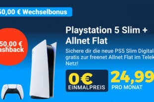 50GB Allnet Flat mit Sony Playstation 5 Slim PS5 Digital Edition und 150 Euro Wechselbonus und 50 Euro Cashback nur 24.99 Euro monatlich